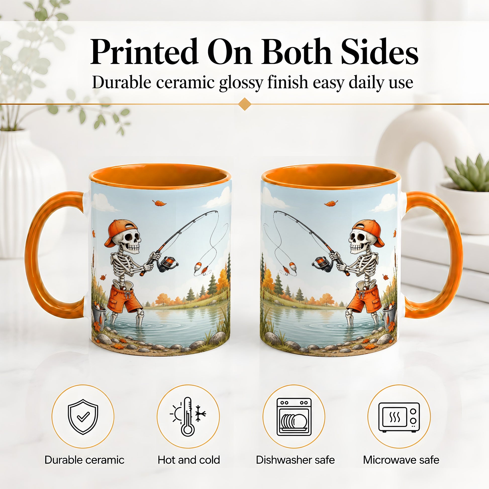 #pl[11oz|Orange] Skeleton Fishing Ceramic Mug, Autumn Lake Art for Fishing Fans
