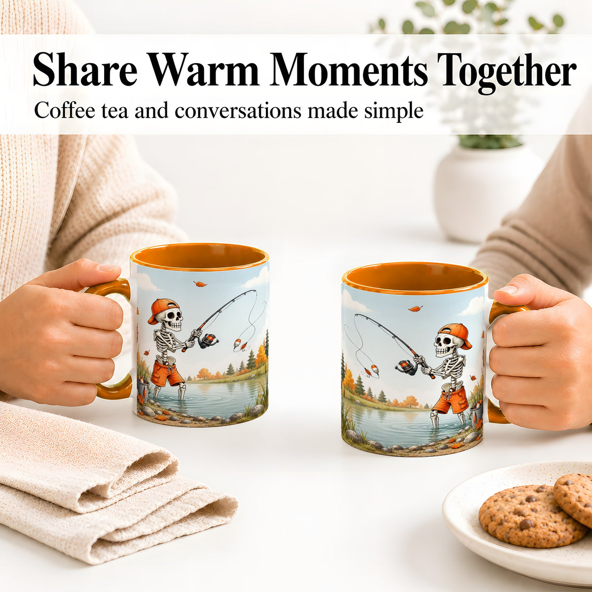 #pl[11oz|Orange] Skeleton Fishing Ceramic Mug, Autumn Lake Art for Fishing Fans