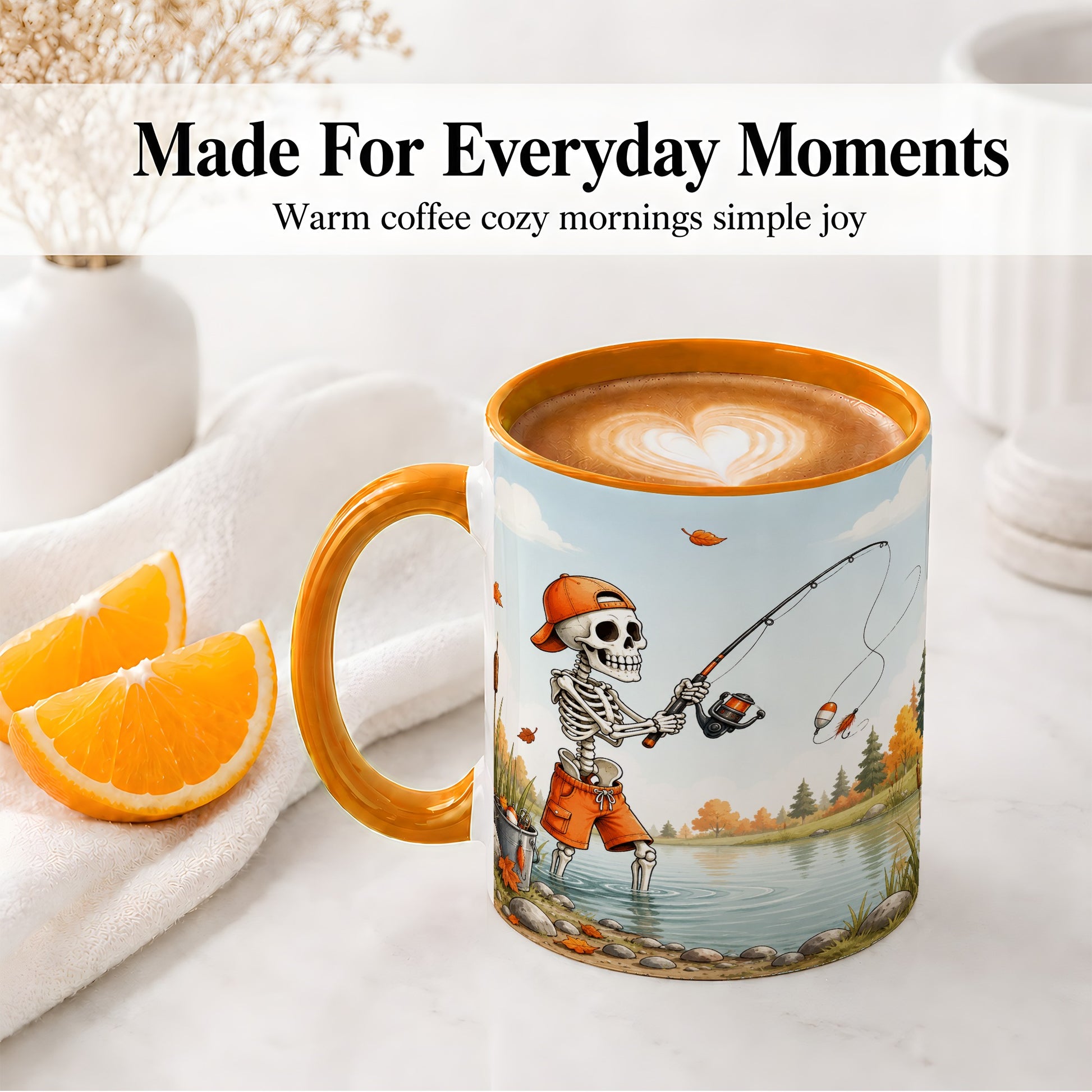 #pl[11oz|Orange] Skeleton Fishing Ceramic Mug, Autumn Lake Art for Fishing Fans
