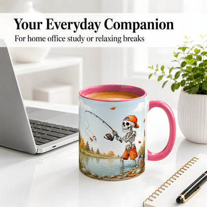 #pl[11oz|Pink] Skeleton Fishing Ceramic Mug, Autumn Lake Art for Fishing Fans