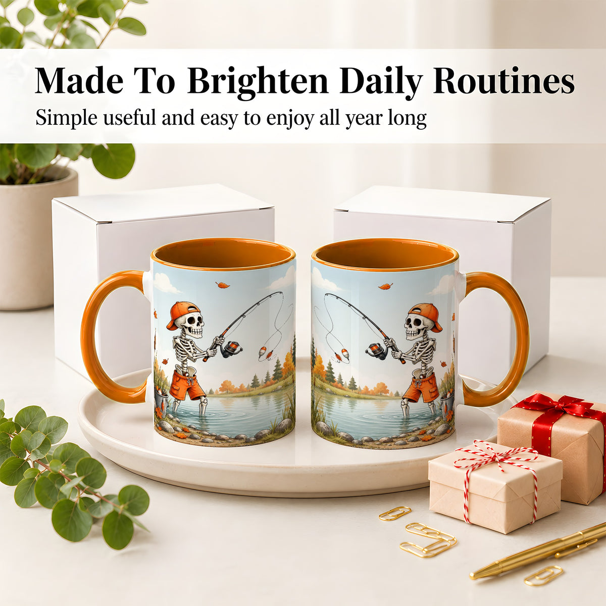 #pl[11oz|Orange] Skeleton Fishing Ceramic Mug, Autumn Lake Art for Fishing Fans