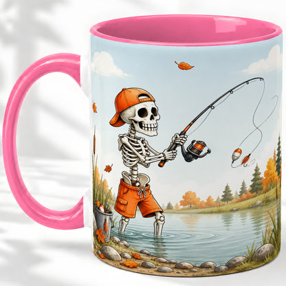 #pl[11oz|Pink] Skeleton Fishing Ceramic Mug, Autumn Lake Art for Fishing Fans