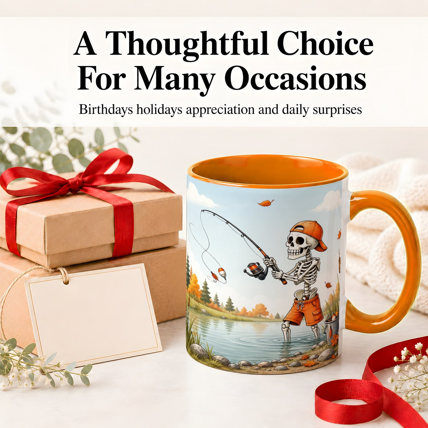 #pl[11oz|Orange] Skeleton Fishing Ceramic Mug, Autumn Lake Art for Fishing Fans