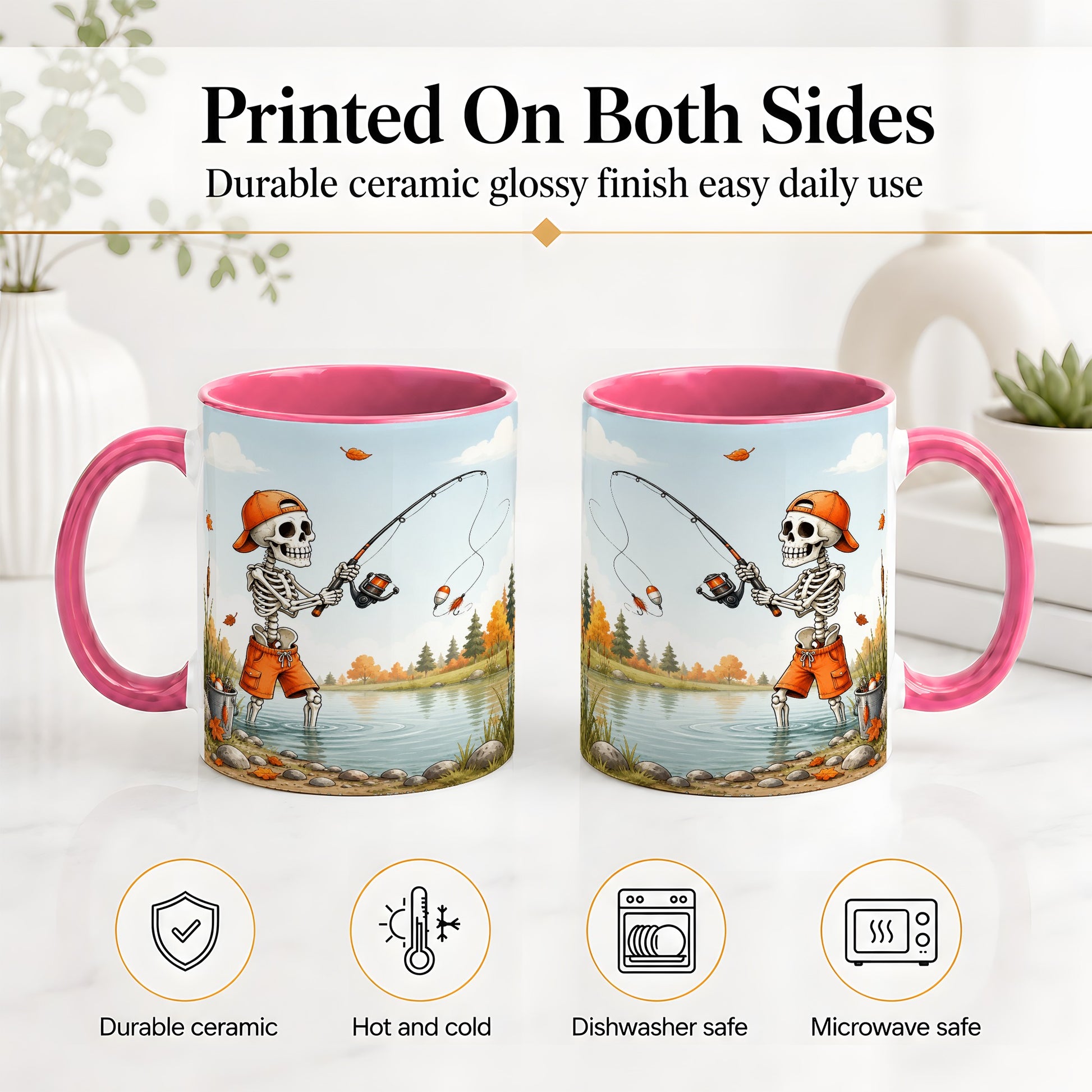 #pl[11oz|Pink] Skeleton Fishing Ceramic Mug, Autumn Lake Art for Fishing Fans