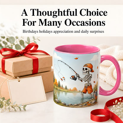 #pl[11oz|Pink] Skeleton Fishing Ceramic Mug, Autumn Lake Art for Fishing Fans