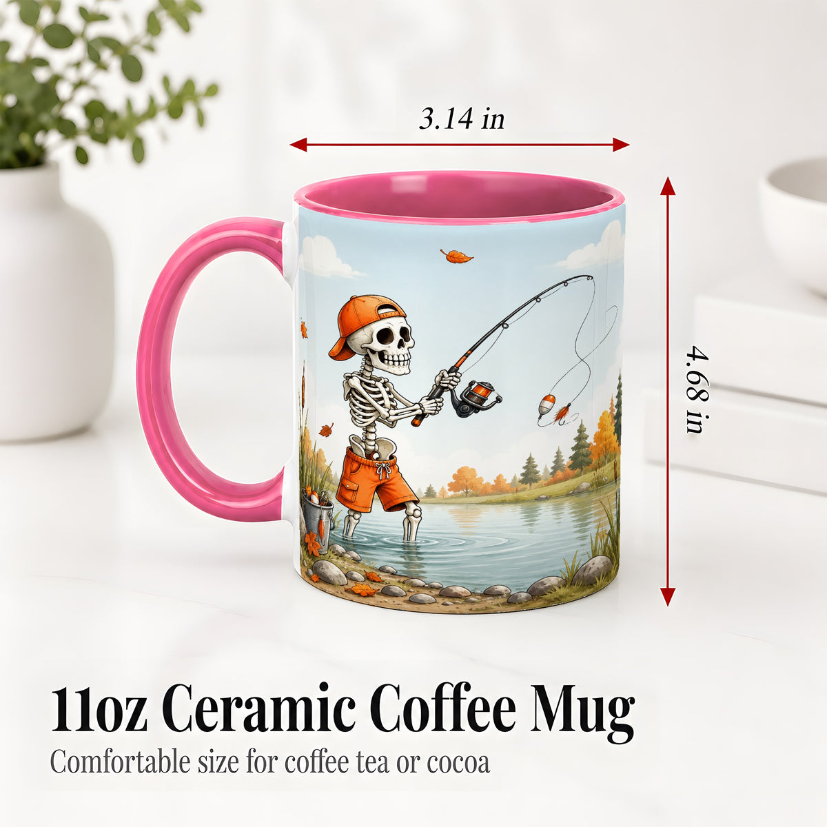 #pl[11oz|Pink] Skeleton Fishing Ceramic Mug, Autumn Lake Art for Fishing Fans