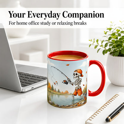 #pl[11oz|Red] Skeleton Fishing Ceramic Mug, Autumn Lake Art for Fishing Fans