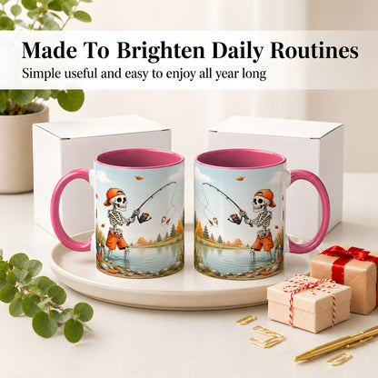 #pl[11oz|Pink] Skeleton Fishing Ceramic Mug, Autumn Lake Art for Fishing Fans