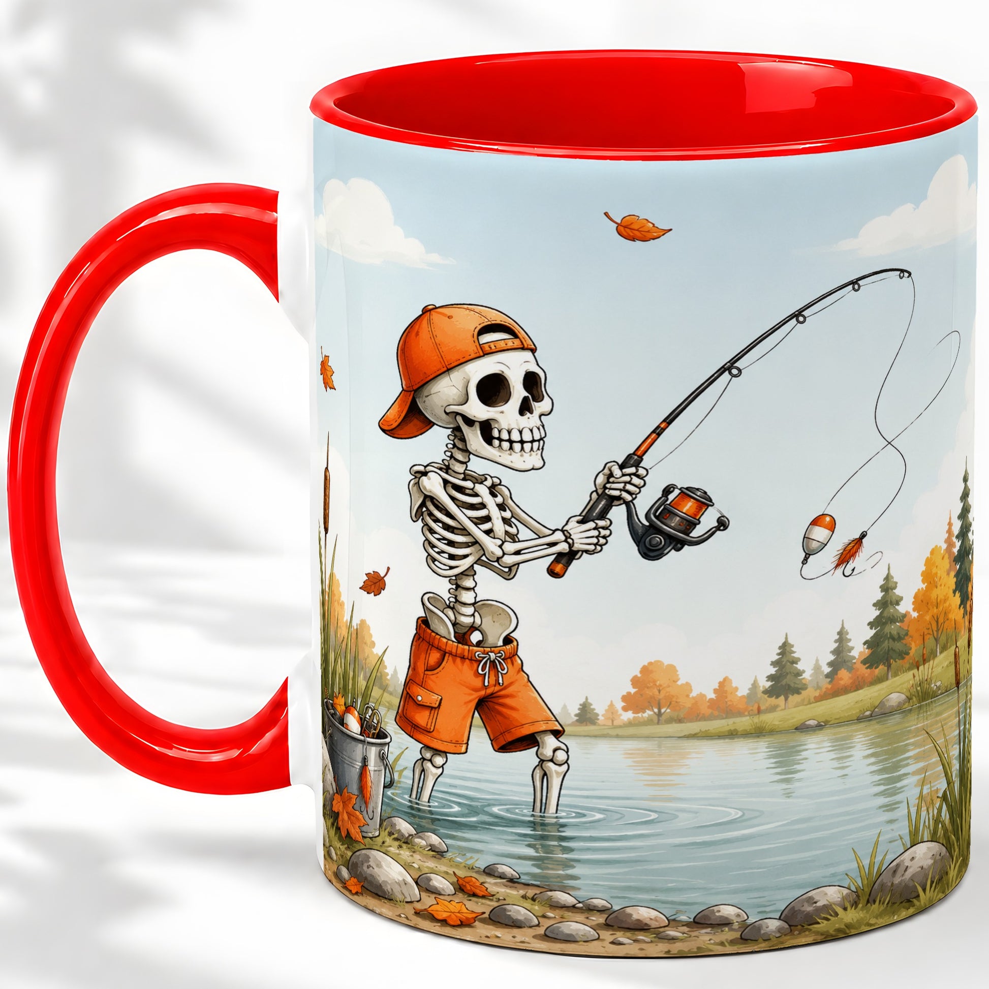 Skeleton Fishing Ceramic Mug, Autumn Lake Art for Fishing Fans