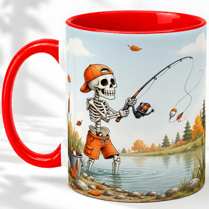 Skeleton Fishing Ceramic Mug, Autumn Lake Art for Fishing Fans