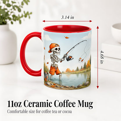 #pl[11oz|Red] Skeleton Fishing Ceramic Mug, Autumn Lake Art for Fishing Fans