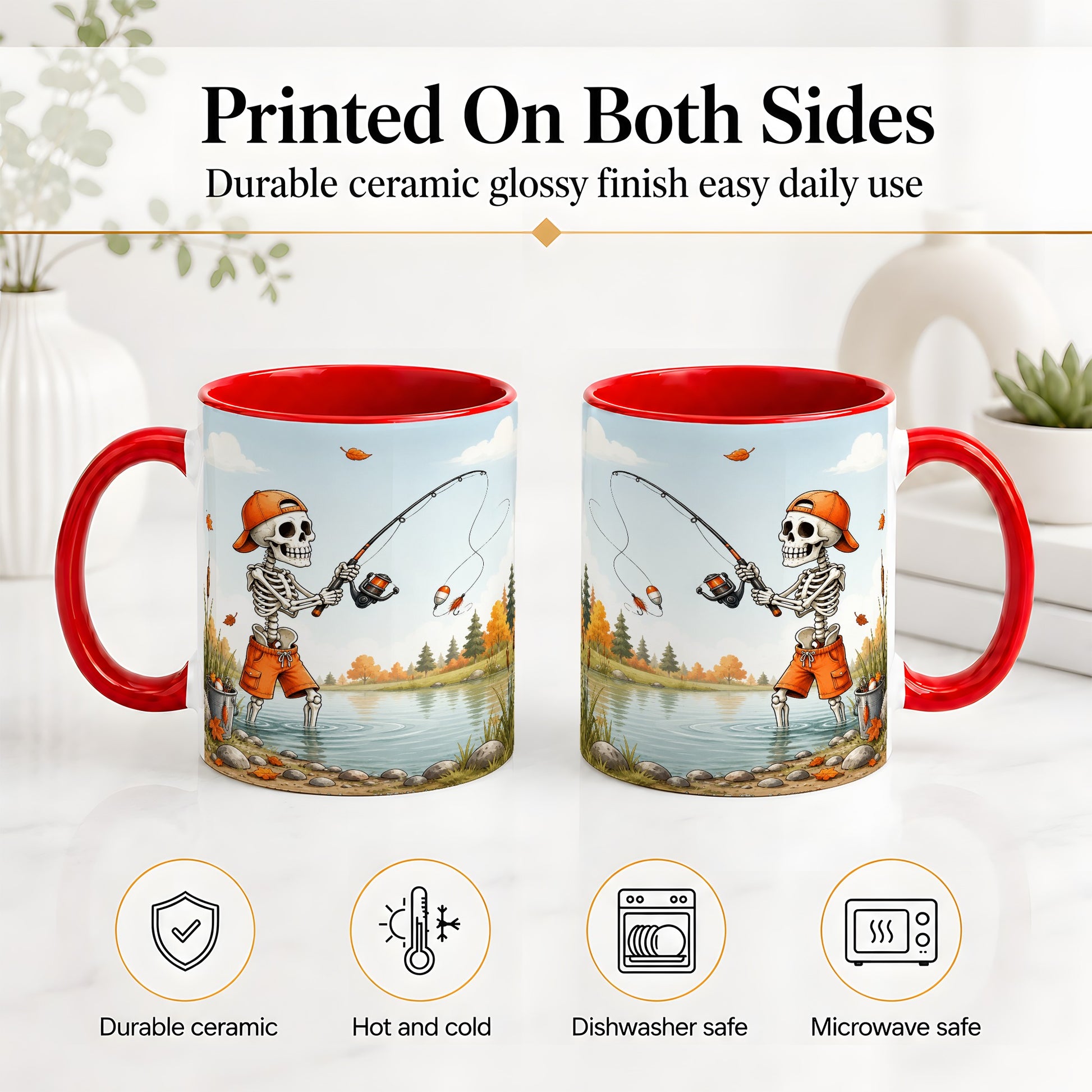 #pl[11oz|Red] Skeleton Fishing Ceramic Mug, Autumn Lake Art for Fishing Fans