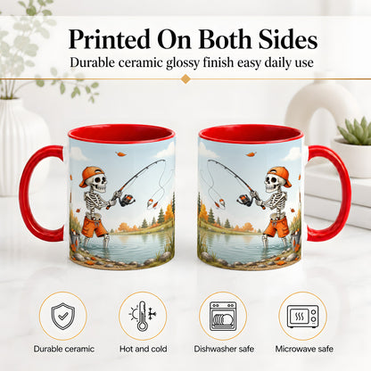 #pl[11oz|Red] Skeleton Fishing Ceramic Mug, Autumn Lake Art for Fishing Fans