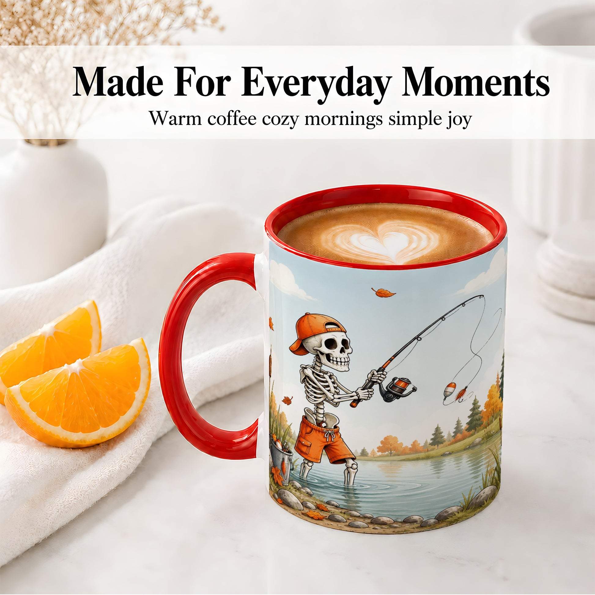 #pl[11oz|Red] Skeleton Fishing Ceramic Mug, Autumn Lake Art for Fishing Fans