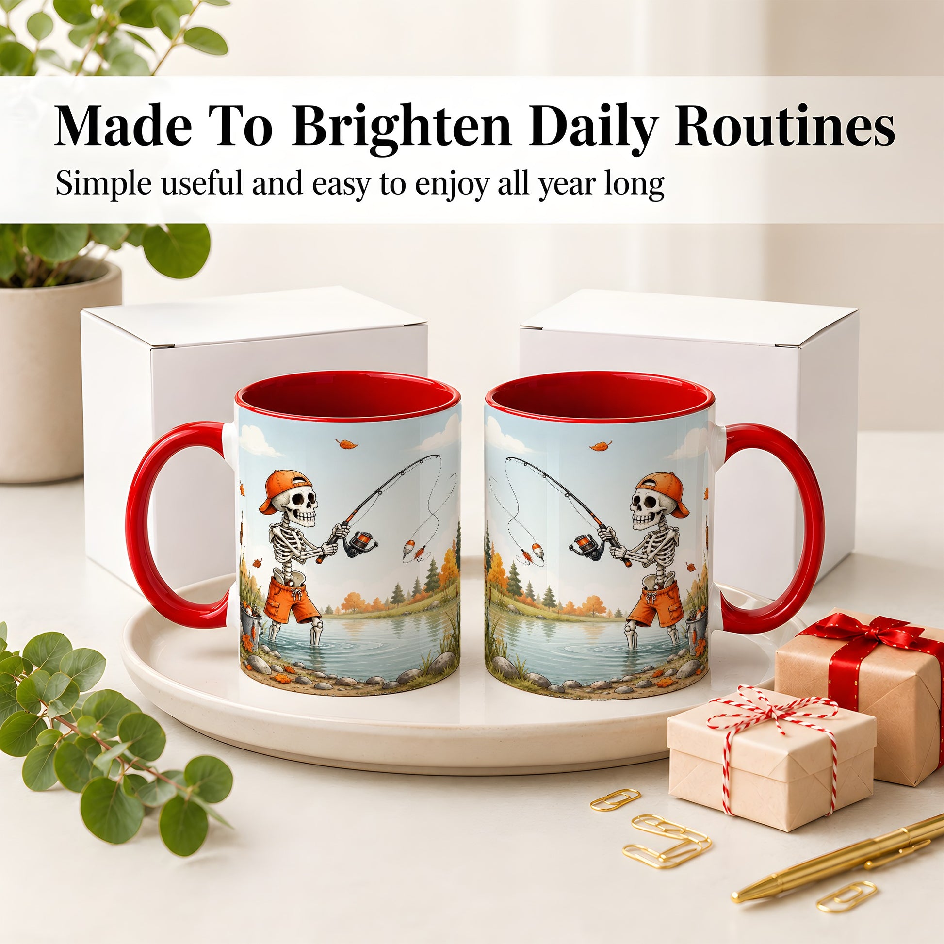 #pl[11oz|Red] Skeleton Fishing Ceramic Mug, Autumn Lake Art for Fishing Fans