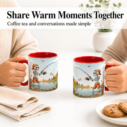 #pl[11oz|Red] Skeleton Fishing Ceramic Mug, Autumn Lake Art for Fishing Fans