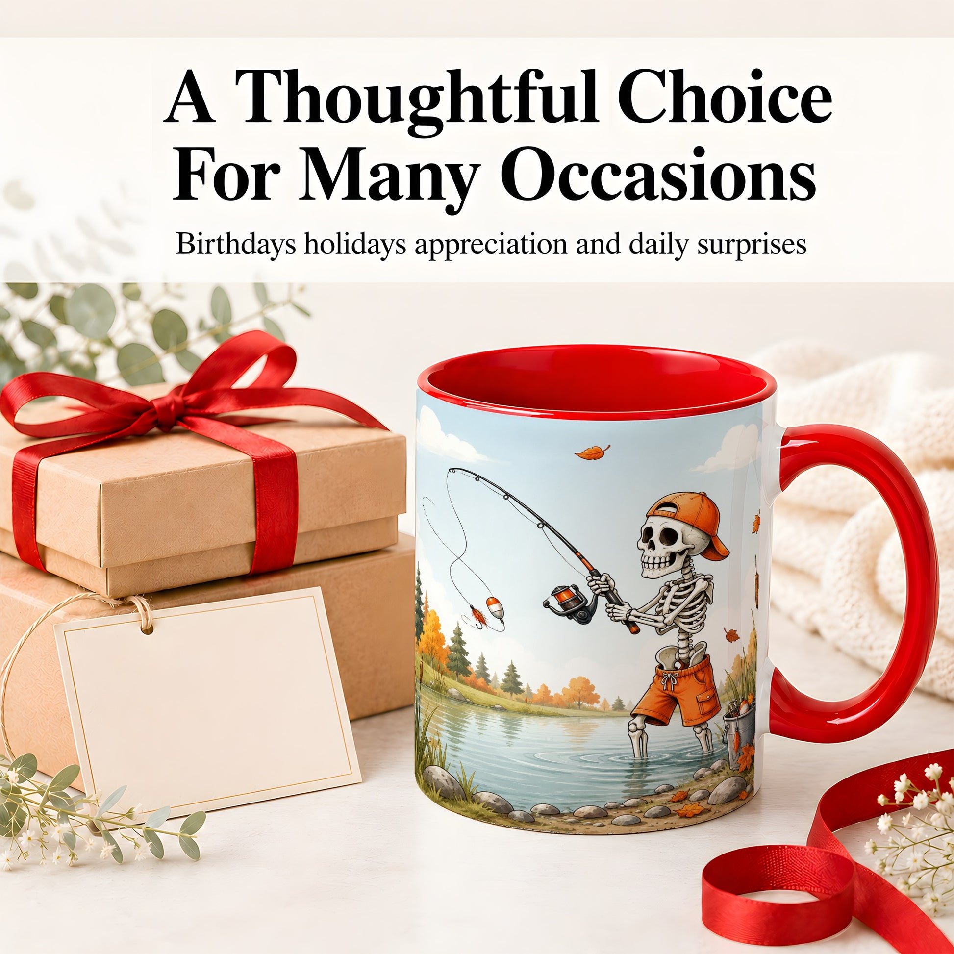 #pl[11oz|Red] Skeleton Fishing Ceramic Mug, Autumn Lake Art for Fishing Fans