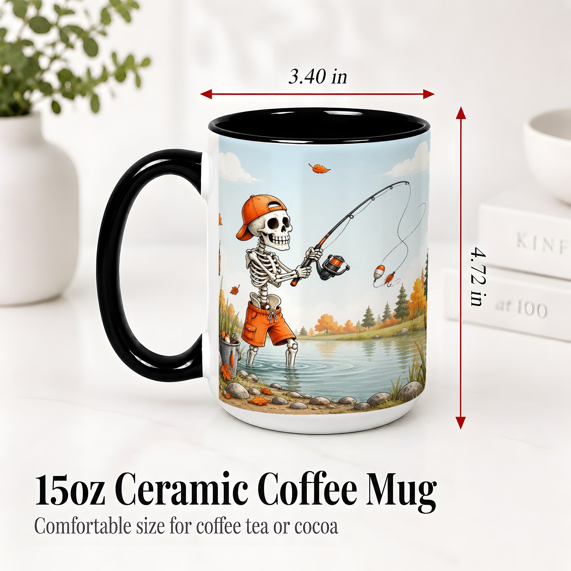 #pl[15oz|Black] Skeleton Fishing Ceramic Mug, Autumn Lake Art for Fishing Fans