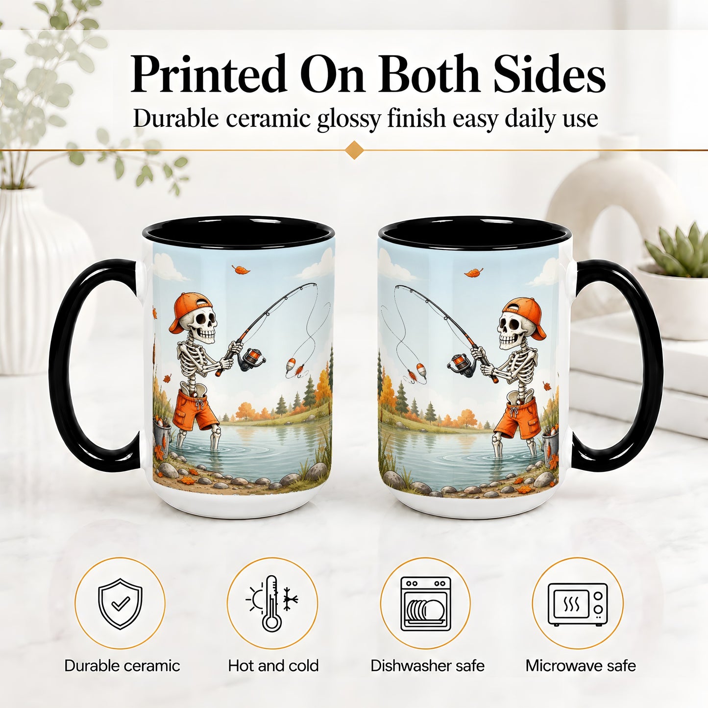 #pl[15oz|Black] Skeleton Fishing Ceramic Mug, Autumn Lake Art for Fishing Fans