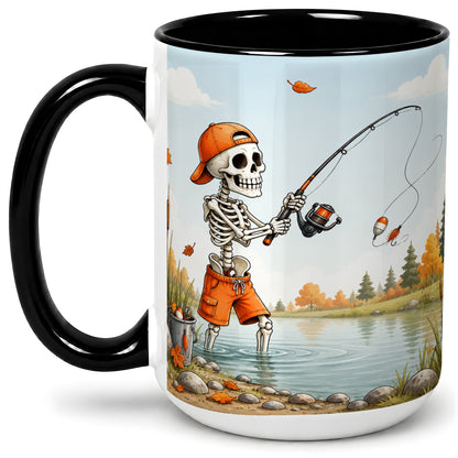 #pl[15oz|Black] Skeleton Fishing Ceramic Mug, Autumn Lake Art for Fishing Fans