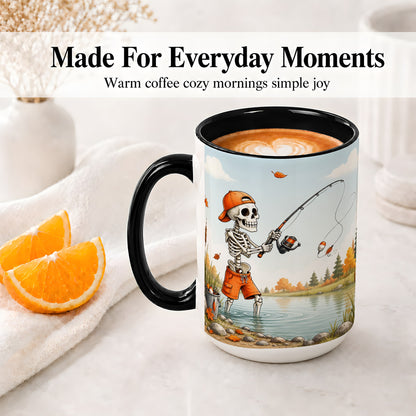 #pl[15oz|Black] Skeleton Fishing Ceramic Mug, Autumn Lake Art for Fishing Fans