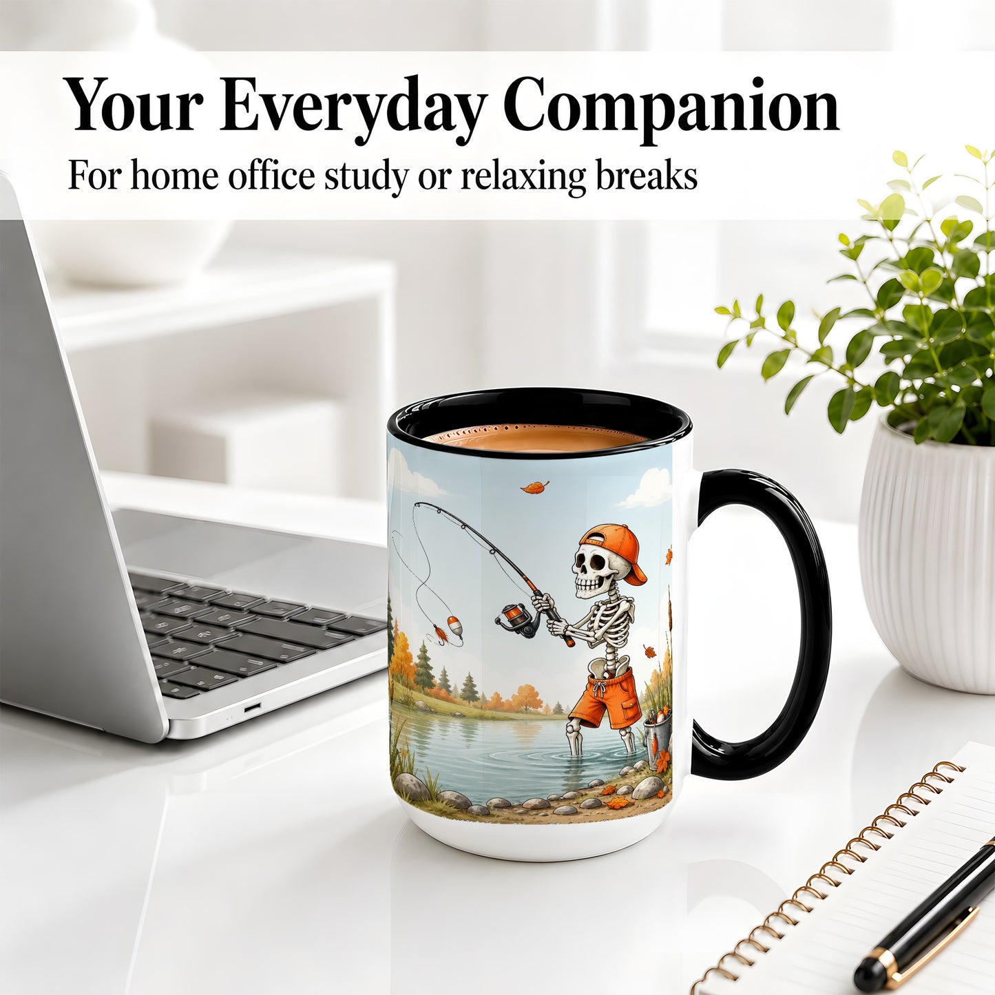 #pl[15oz|Black] Skeleton Fishing Ceramic Mug, Autumn Lake Art for Fishing Fans