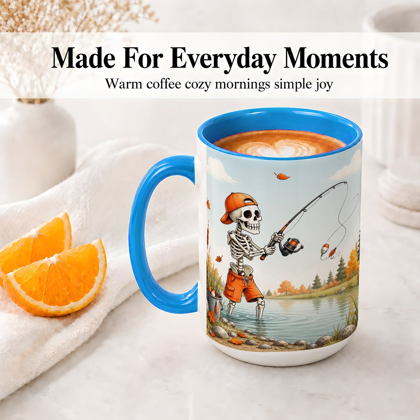 #pl[15oz|Blue] Skeleton Fishing Ceramic Mug, Autumn Lake Art for Fishing Fans