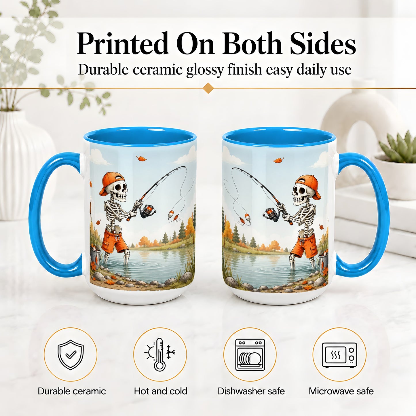 #pl[15oz|Blue] Skeleton Fishing Ceramic Mug, Autumn Lake Art for Fishing Fans