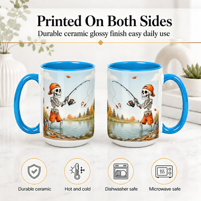#pl[15oz|Blue] Skeleton Fishing Ceramic Mug, Autumn Lake Art for Fishing Fans