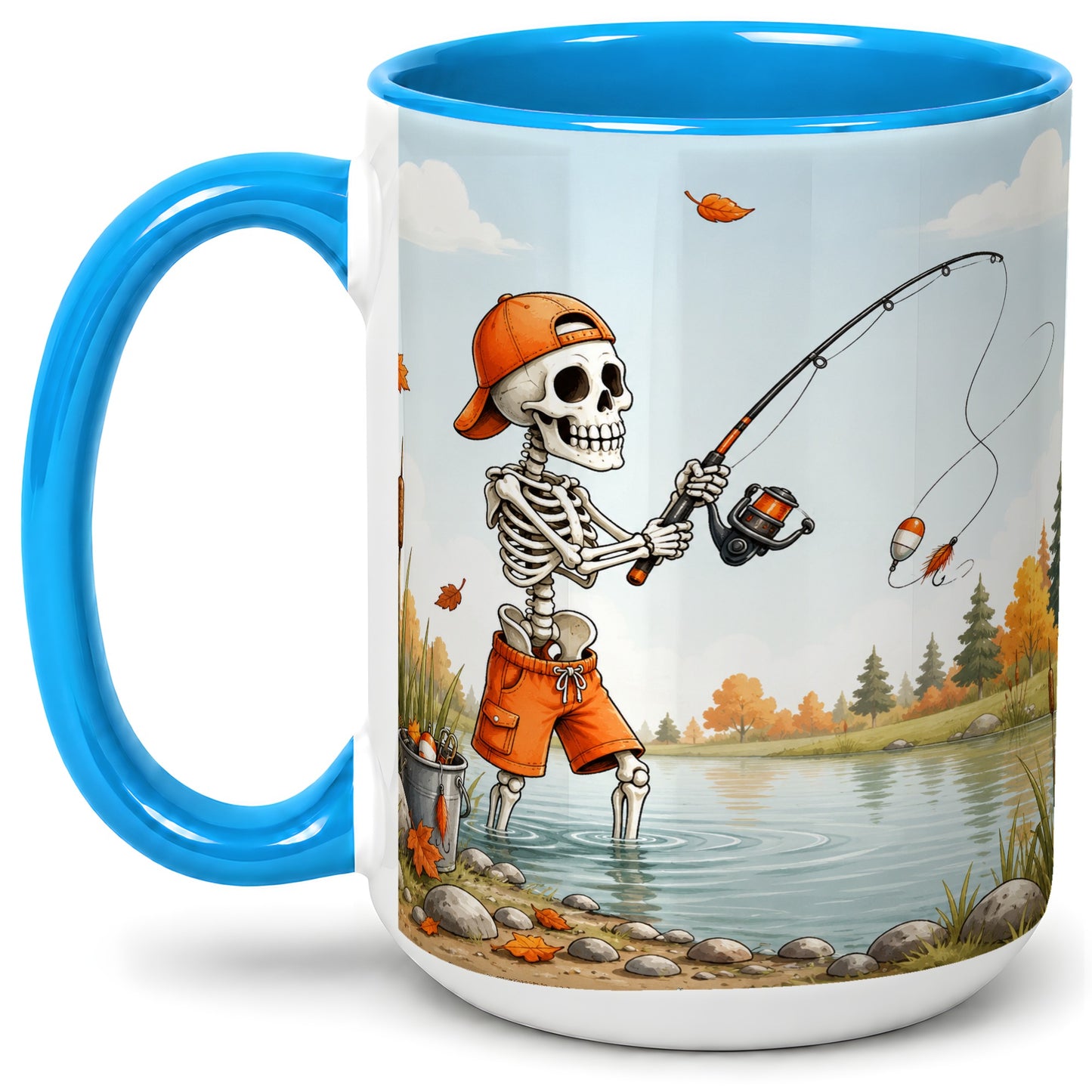 #pl[15oz|Blue] Skeleton Fishing Ceramic Mug, Autumn Lake Art for Fishing Fans