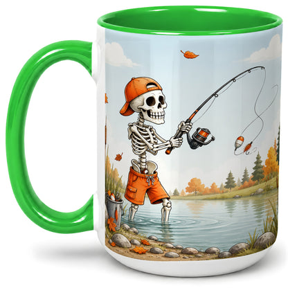 #pl[15oz|Green] Skeleton Fishing Ceramic Mug, Autumn Lake Art for Fishing Fans