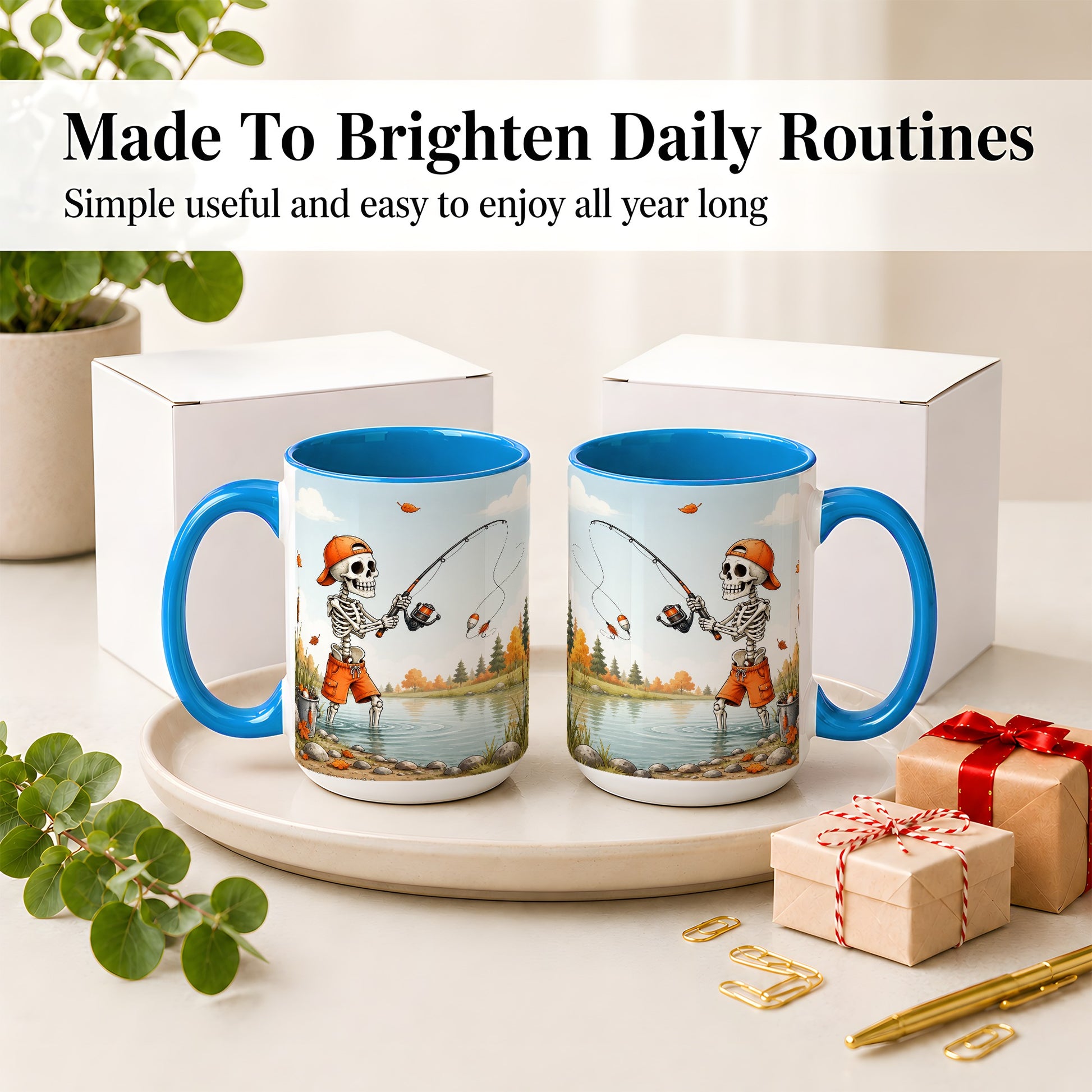 #pl[15oz|Blue] Skeleton Fishing Ceramic Mug, Autumn Lake Art for Fishing Fans
