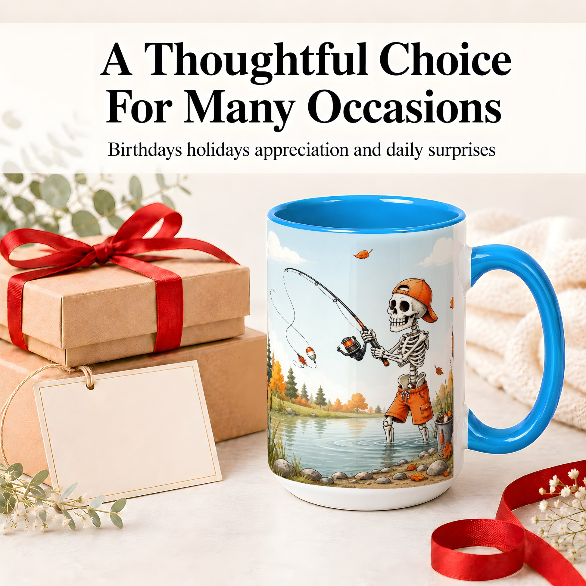 #pl[15oz|Blue] Skeleton Fishing Ceramic Mug, Autumn Lake Art for Fishing Fans