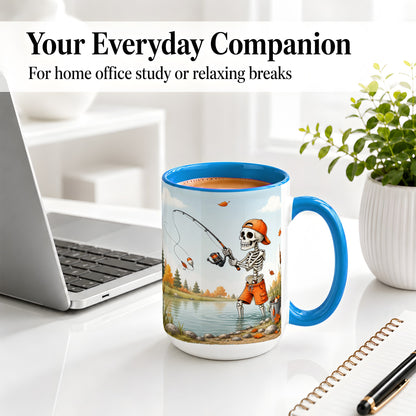 #pl[15oz|Blue] Skeleton Fishing Ceramic Mug, Autumn Lake Art for Fishing Fans