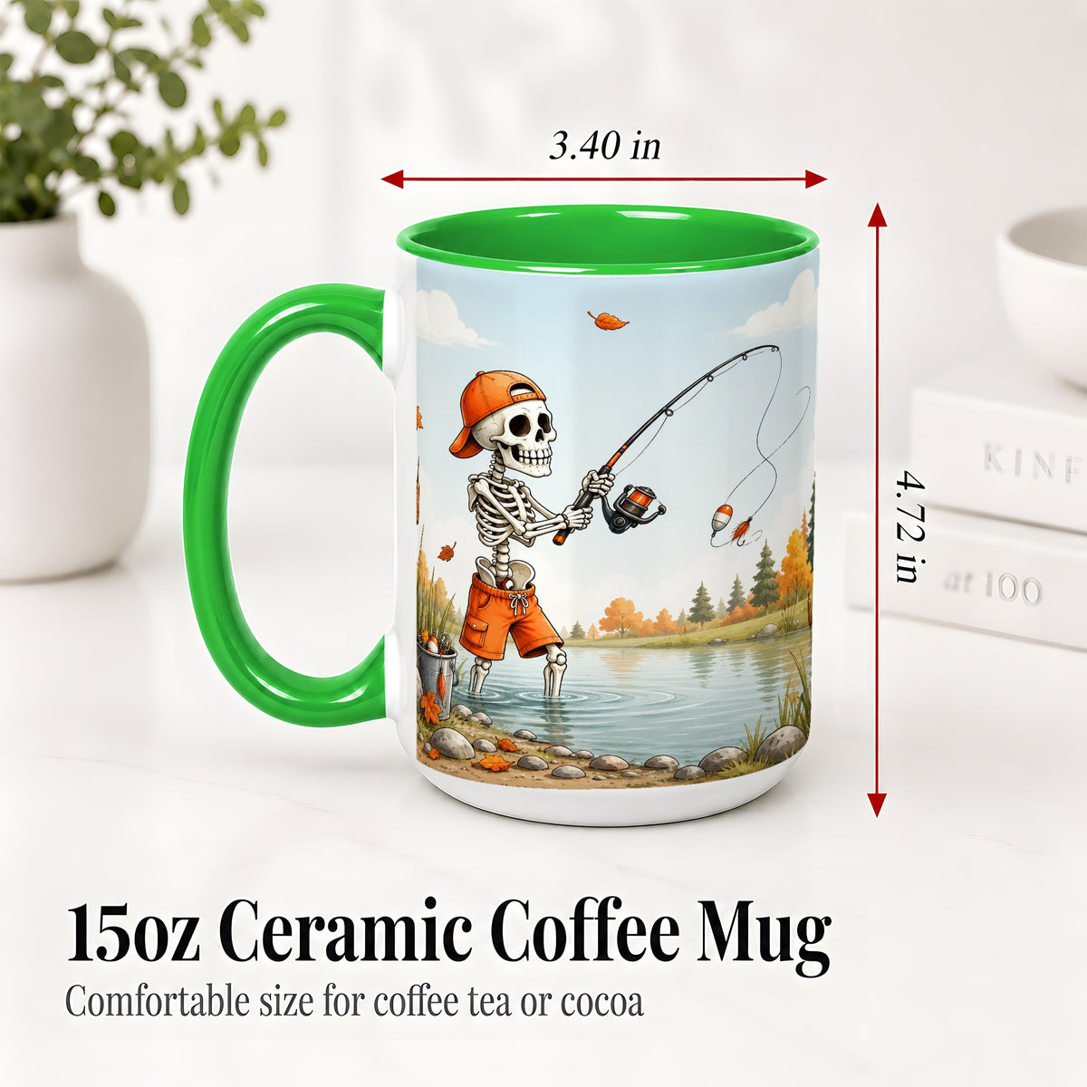 #pl[15oz|Green] Skeleton Fishing Ceramic Mug, Autumn Lake Art for Fishing Fans