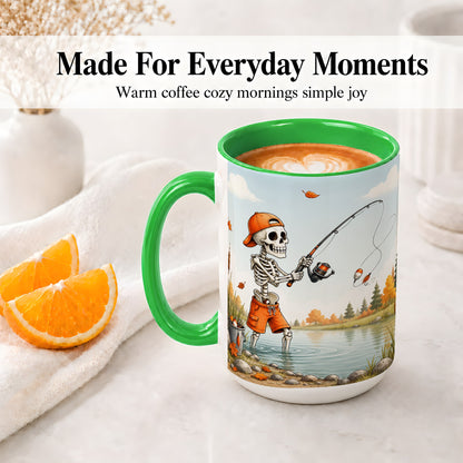 #pl[15oz|Green] Skeleton Fishing Ceramic Mug, Autumn Lake Art for Fishing Fans