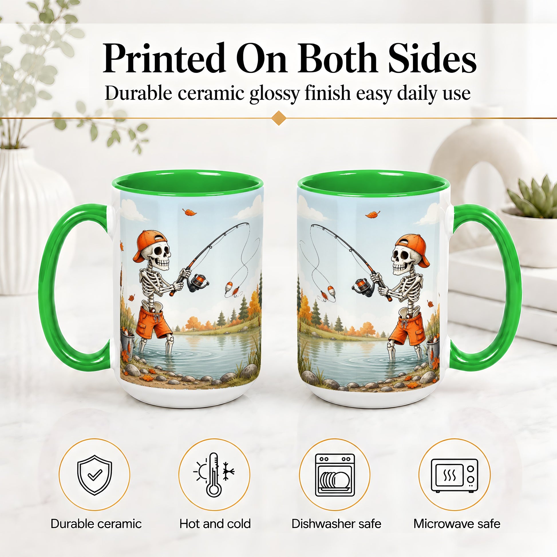 #pl[15oz|Green] Skeleton Fishing Ceramic Mug, Autumn Lake Art for Fishing Fans
