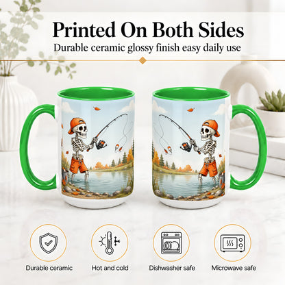 #pl[15oz|Green] Skeleton Fishing Ceramic Mug, Autumn Lake Art for Fishing Fans