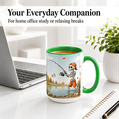 #pl[15oz|Green] Skeleton Fishing Ceramic Mug, Autumn Lake Art for Fishing Fans