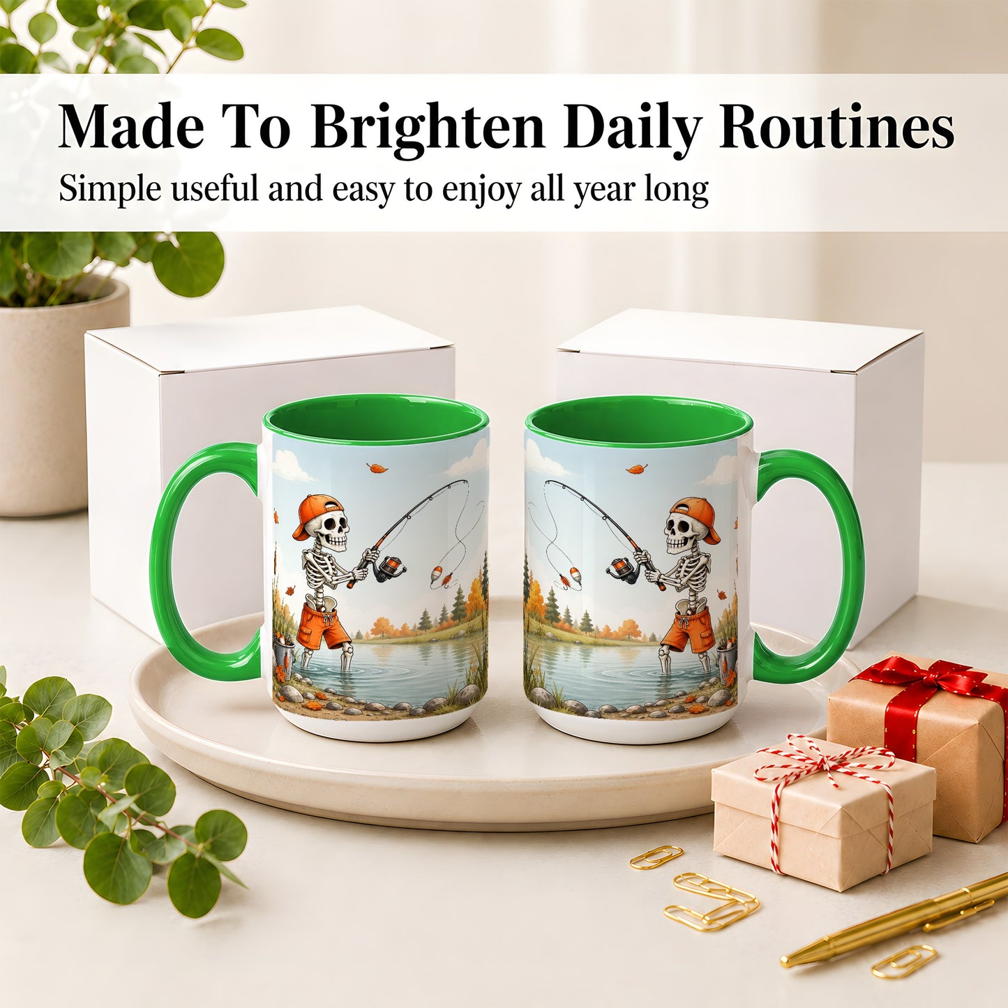 #pl[15oz|Green] Skeleton Fishing Ceramic Mug, Autumn Lake Art for Fishing Fans
