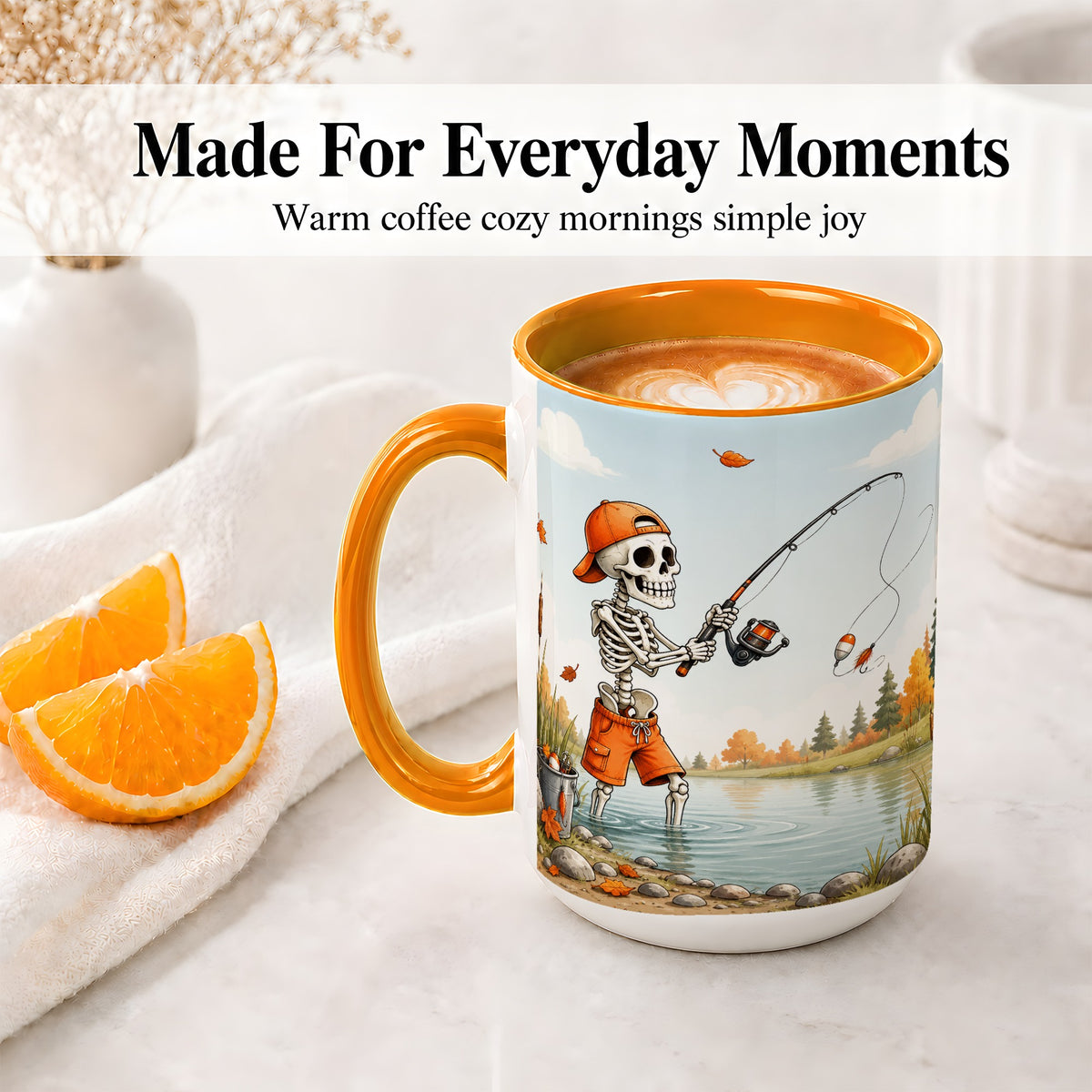 #pl[15oz|Orange] Skeleton Fishing Ceramic Mug, Autumn Lake Art for Fishing Fans