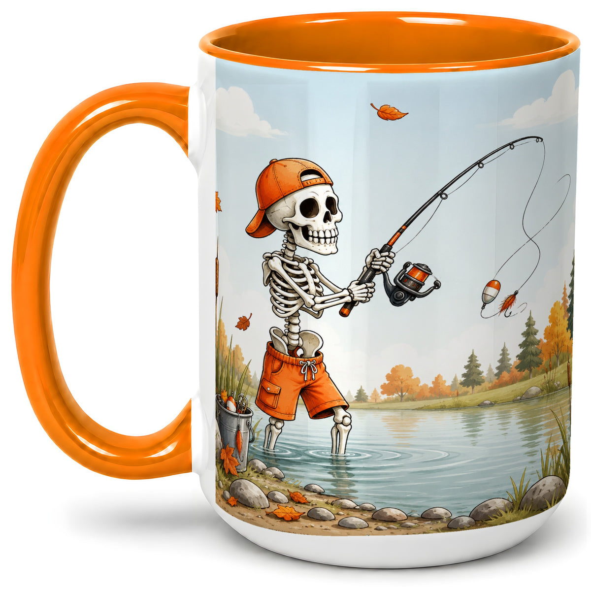 #pl[15oz|Orange] Skeleton Fishing Ceramic Mug, Autumn Lake Art for Fishing Fans