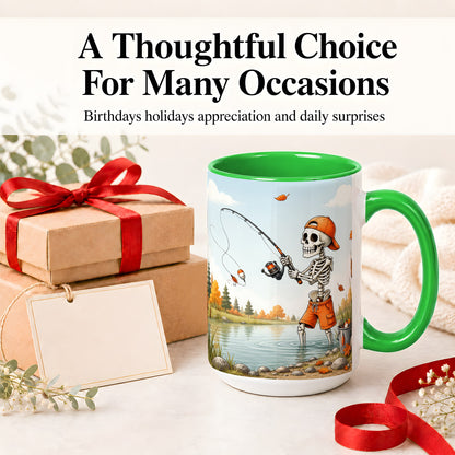 #pl[15oz|Green] Skeleton Fishing Ceramic Mug, Autumn Lake Art for Fishing Fans