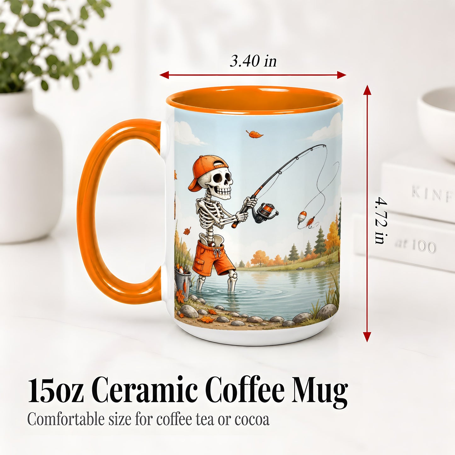 #pl[15oz|Orange] Skeleton Fishing Ceramic Mug, Autumn Lake Art for Fishing Fans