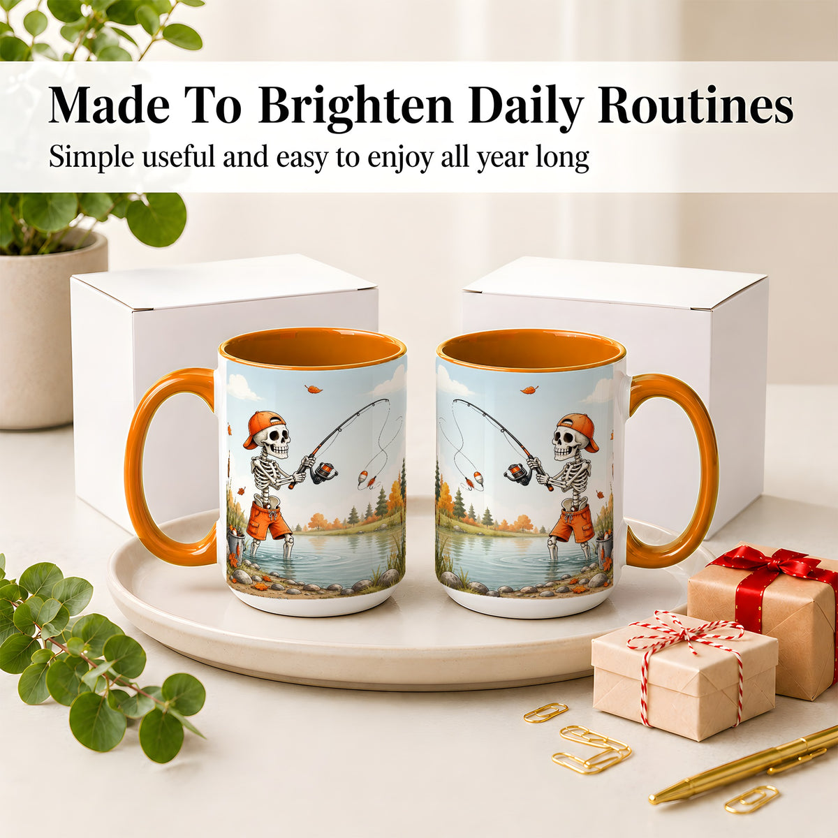 #pl[15oz|Orange] Skeleton Fishing Ceramic Mug, Autumn Lake Art for Fishing Fans