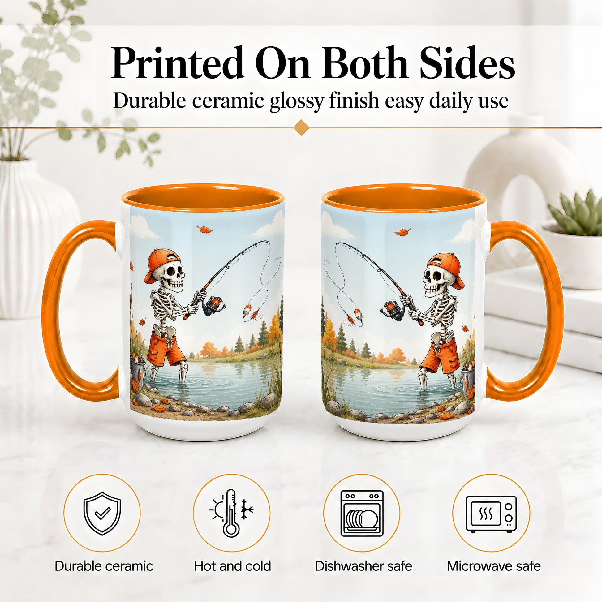 #pl[15oz|Orange] Skeleton Fishing Ceramic Mug, Autumn Lake Art for Fishing Fans