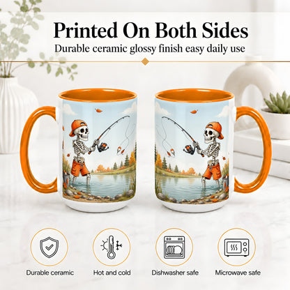 #pl[15oz|Orange] Skeleton Fishing Ceramic Mug, Autumn Lake Art for Fishing Fans