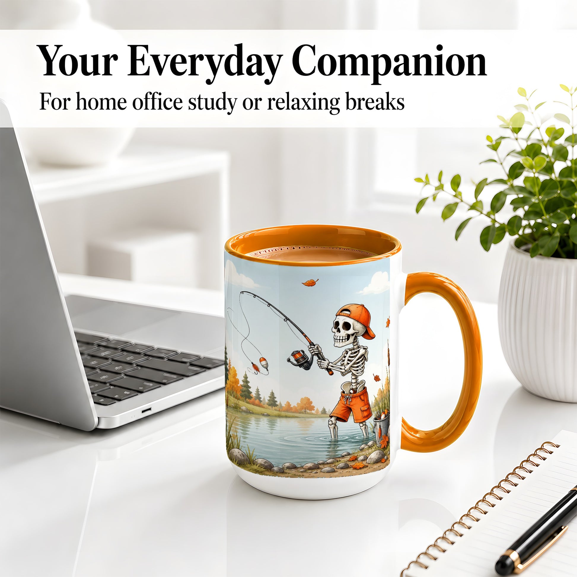 #pl[15oz|Orange] Skeleton Fishing Ceramic Mug, Autumn Lake Art for Fishing Fans