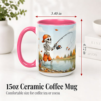 #pl[15oz|Pink] Skeleton Fishing Ceramic Mug, Autumn Lake Art for Fishing Fans