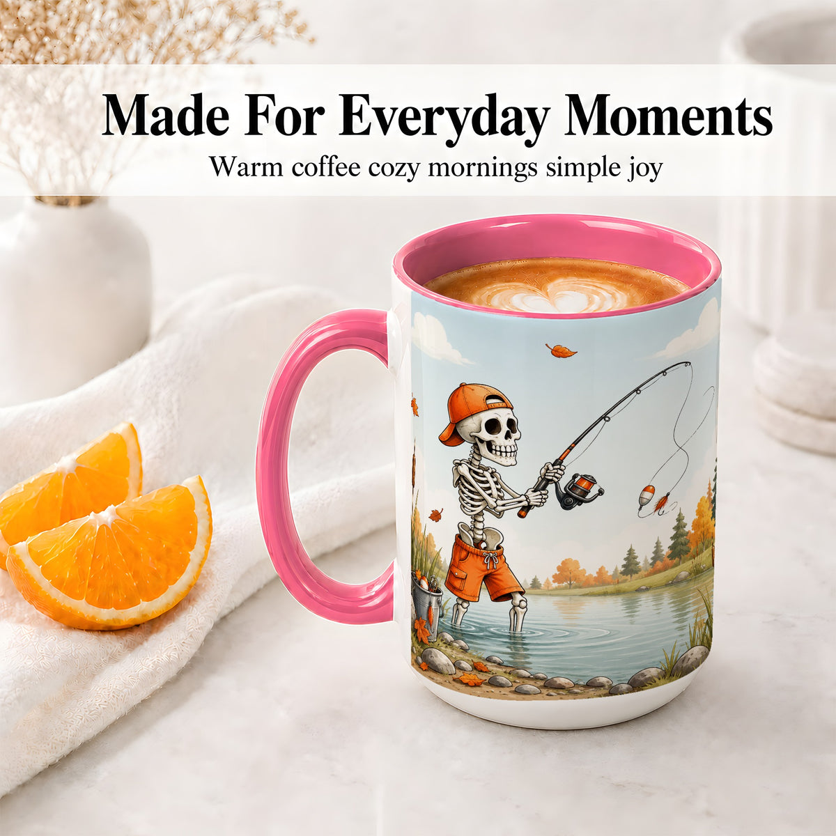 #pl[15oz|Pink] Skeleton Fishing Ceramic Mug, Autumn Lake Art for Fishing Fans
